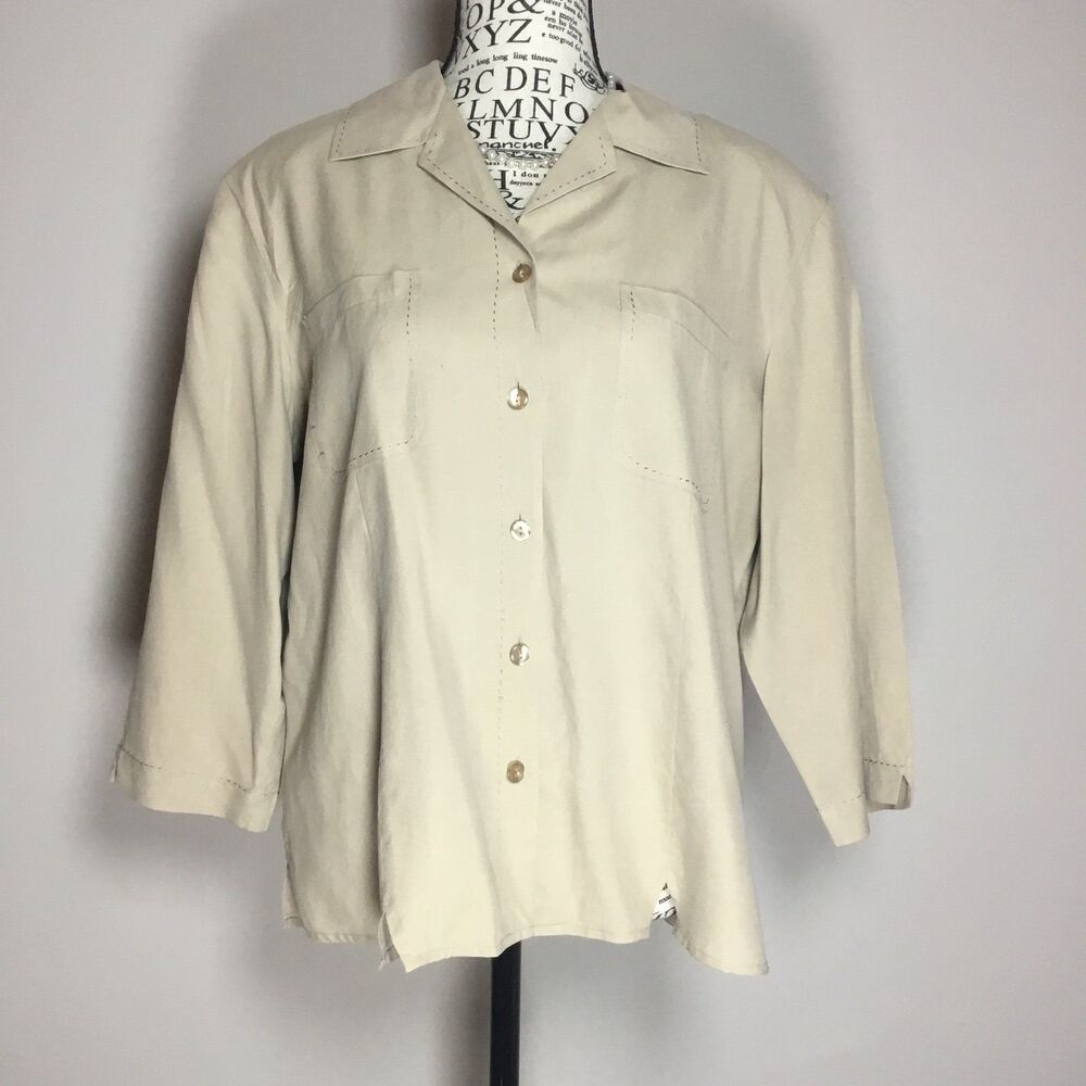 100% silk cream button down blouse 3/4 sleeve stitch detail vintage classy L